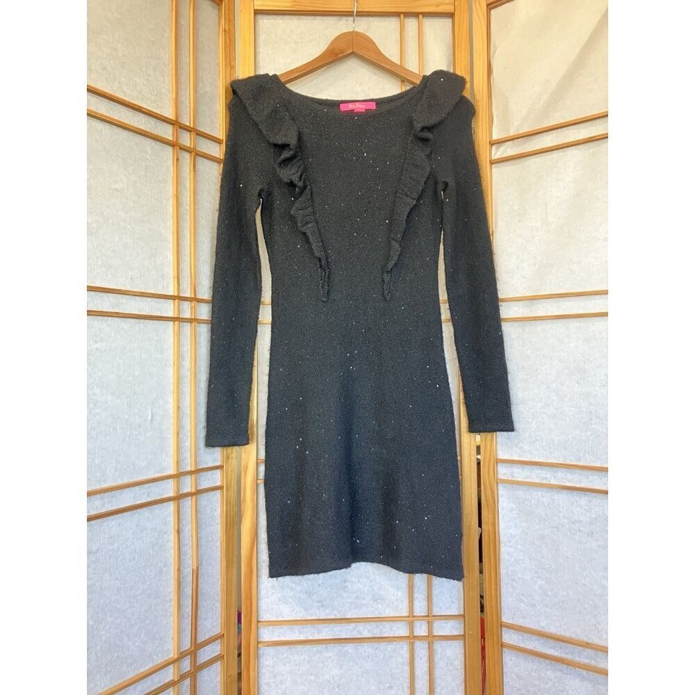 Lilly Pulitzer Ruth Black Pullover Dress Evening Sequin Ruffle Small Long Sleeve
